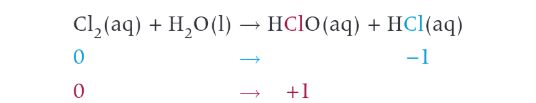 <p>chlorine and water. 2 products are acids chloric acid and hcl. bacterial killed by chloric acid. also acts as a bleach</p>