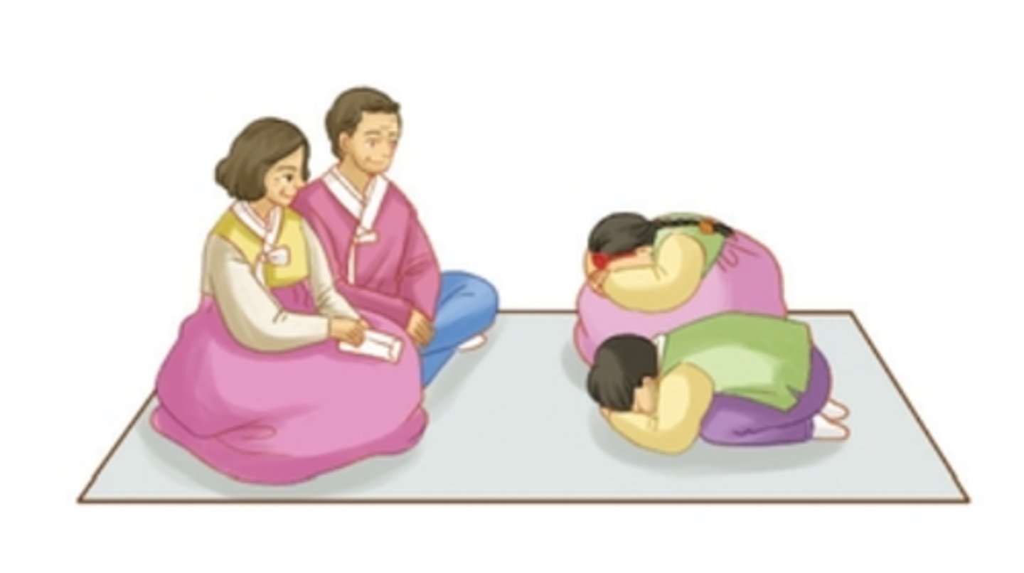 <p>melakukan "sebae" (sungkem)</p>