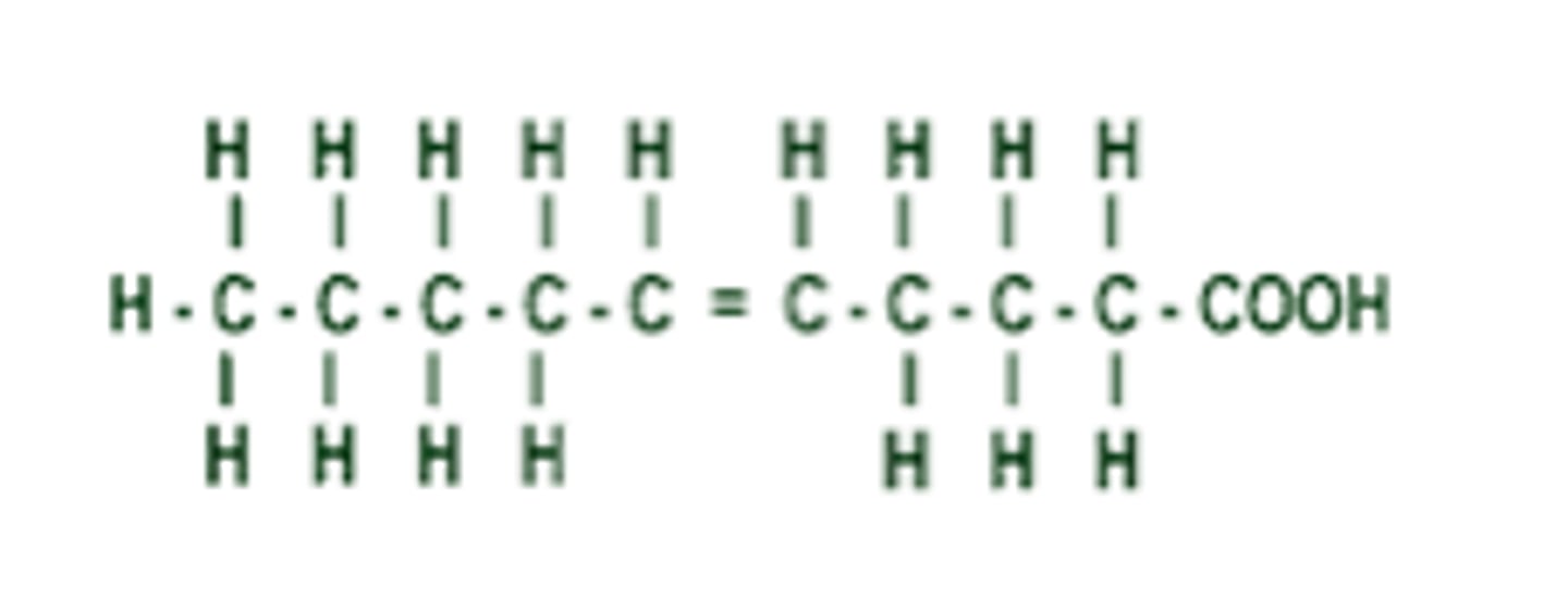 <p>One double bond in fatty acid chain, non-essential (body can produce),</p>