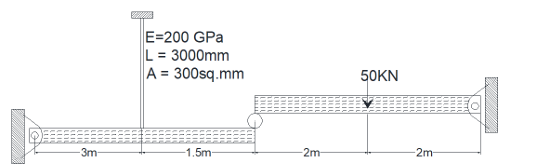 <p>04. A steel rod at B helps support a load of 50KN. The rigid bars shown in the figure are separated by a roller at C and pinned at A and D. Compute the vertical displacement of roller at point C.</p><p></p><p>a) 5.8125mm</p><p>b) 4.8125mm</p><p>c) 3.8125mm</p><p>d) 2.8125 mm</p>