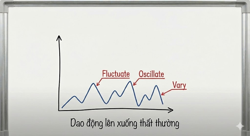 <p>(Động từ) (Dao động lên xuống thất thường) (Prices fluctuated wildly between $10 and $20.)</p>