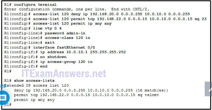 Refer to the exhibit. A network administrator is configuring an ACL to limit the connection to R1 vty lines to only the IT group workstations in the network 192.168.22.0/28. The administrator verifies the successful Telnet connections from a workstation with IP 192.168.22.5 to R1 before the ACL is applied. However, after the ACL is applied to the interface Fa0/0, Telnet connections are denied. What is the cause of the connection failure?

    The enable secret password is not configured on R1.
    The IT group network is included in the deny statement.
    The permit ACE specifies a wrong port number.
    The permit ACE should specify protocol ip instead of tcp.
    The login command has not been entered for vty lines.