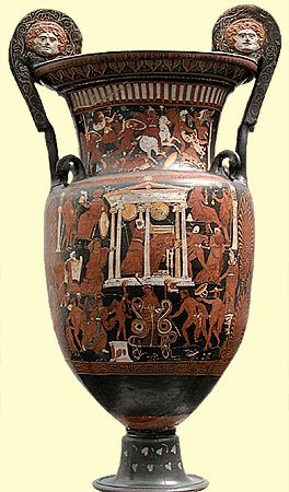 <p>Underworld Painter: Apulian red-figure volute-krater, <em>Medea’s adventures in Corinth</em>, Greek, c. 320 BCE</p>