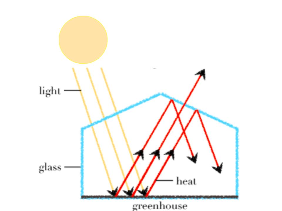 <ul><li><p>A greenhouse can be used to grow plants in the winter. The walls are made of glass or plastic. Visible light can pass through the walls.</p></li><li><p>When the light hits an object some of it is turned into heat.</p></li><li><p>As a result, the greenhouse becomes warmer.</p></li><li><p>Certain gases in the Earth’s atmosphere can act like the glass of a greenhouse, to <mark data-color="green">trap heat in the atmosphere.</mark></p></li><li><p>These are called <strong><span>greenhouse gases.</span></strong></p></li></ul>