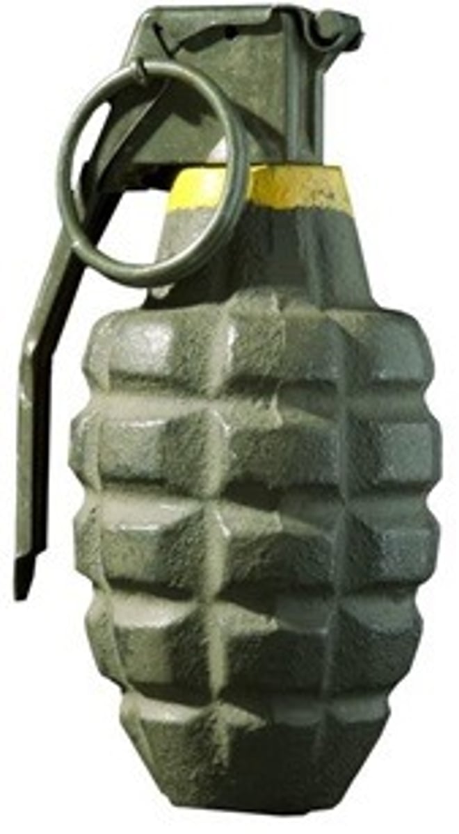 <p>/ɡrəˈneɪd/: a small bomb that can be thrown by hand or fired from a weapon : lựu đạn </p><p>Eg 1: He pulled the pin on the grenade and threw it. (Anh ấy rút chốt lựu đạn và ném đi.)</p><p>Eg 2: The soldiers used grenades to clear the enemy bunker. (Những người lính đã sử dụng lựu đạn để dọn sạch hầm trú của kẻ thù.)</p>