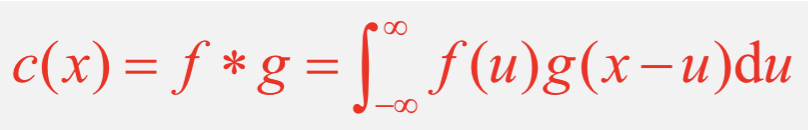 <p></p><ol><li><p>The signal function is given by g(x) and the system response function is given by f(x)</p></li><li><p>Introduce a dummy variable u which enters the two functions as: f(u) and g(x-u)</p></li><li><p>For a given value of x calculate the overlap between the two function f(u) and g(x-u)</p><ol><li><p>This is achieved by keeping x constant and integrating the product of the two functions between -∞ and + ∞ with respect to the variable u</p></li><li><p>In the figure the overlap will depend on the form of the two functions in the shaded region where they are both non-zero</p></li><li><p>As x varies the functions slide across each other&nbsp;</p></li></ol></li><li><p>This will give a new function c(x) which gives the detected signal as a function of x and is a convolution of the functions f(x) and g(x)</p><ol><li><p>A convolution function is therefore defined by the image</p></li></ol></li></ol><p></p>