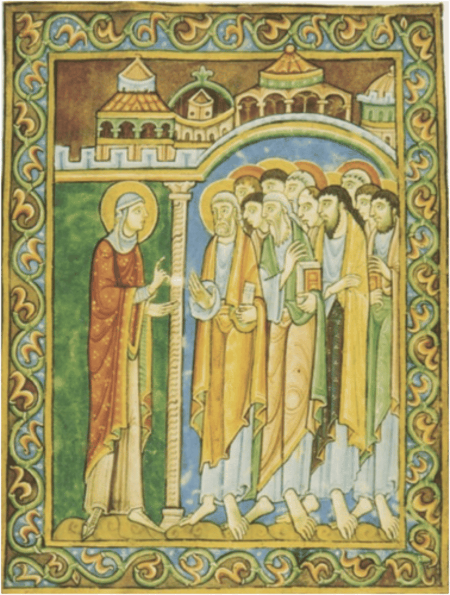 <p>Mary Magdalene gesturing toward the apostles, who appear hesitant or surprised</p><p>Highlights Mary Magdalene’s role as the “Apostle to the Apostles”, reinforcing themes of faith and revelation in medieval Christianity.</p>