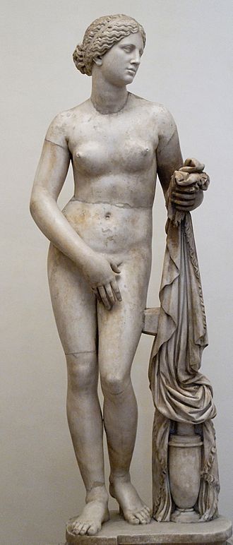 <p>what is different about this statue of aphrodite and statues of male gods?</p>