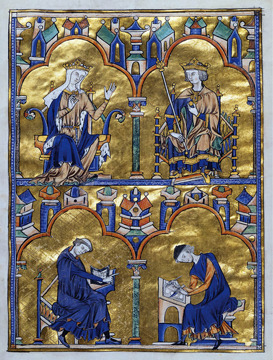 <p>-c.1226-1234 -Illuminated manuscript -Ink, tempera, + gold leaf on vellum -giving bible to her son -guy on bottom left is a munk -gold leaf on backround</p>