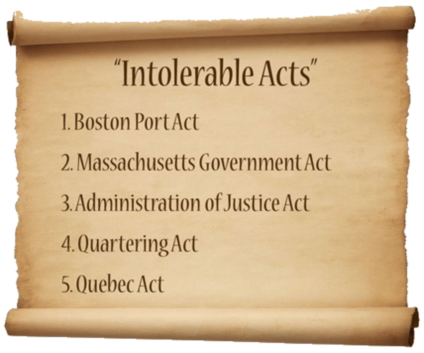 <p>In response to Boston Tea Party, 4 acts passed in 1774, Port of Boston closed, reduced power of assemblies in colonies, permitted royal officers to be tried elsewhere, provided for quartering of troop's in barns and empty houses.</p>