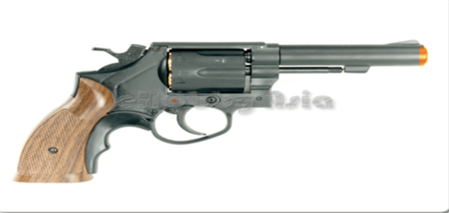<p>-Type of handgun</p><p>-6 bullet-cylinder revolves around axis</p><p>-Reloaded by hand</p><p>-Does not eject spent shell</p><p>-Shoots 1 cartridge each time trigger is pulled</p><p>-Longer barrel --&gt; more accurate</p>