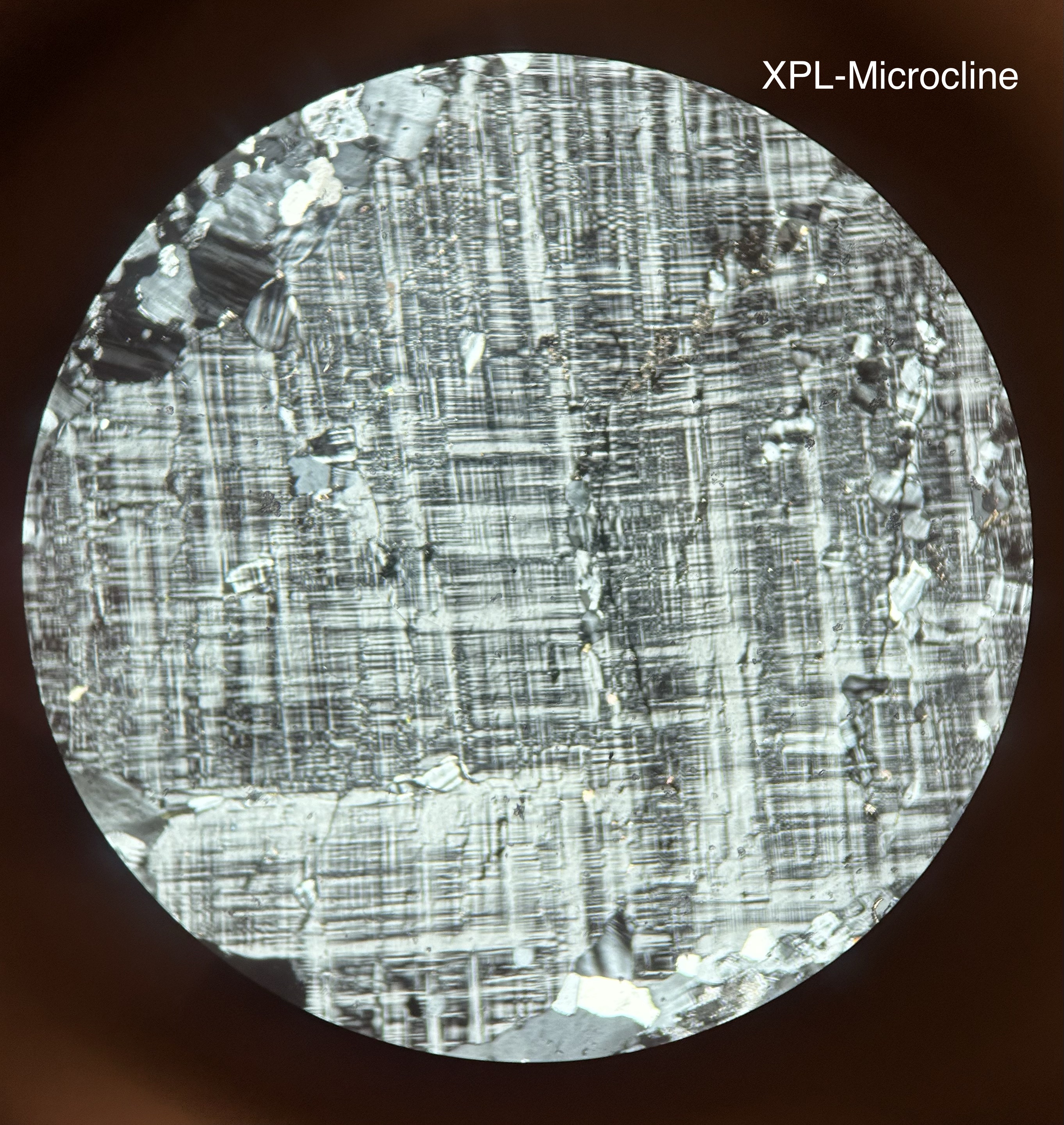 <p>KAlSi3O8</p><p>PPL-colorless, low relief</p><p>XPL- plaid twinning/cross-hatched twin pattern</p><p>*can have dots of clay bc breaks into clay</p>