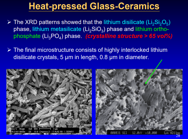<p>highly interlocked lithium disilicate crystals, 5 microns in length and .8 microns in diameter </p>