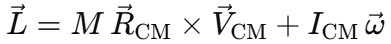 <p>MRxV angular momentum from the orbit around origin<br>L angular momentum of the object around its own COM<br><br>note: MRxV accounts for the whole objects movement around the origin, L accounts for the object spinning about itself</p>