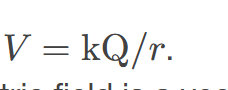 <p>is the amount of electric potential energy per unit charge at a specific point in space due to a charge distribution. It is given by the equation V = kQ/r, where V is the electric potential, k is Coulomb's constant, Q is the charge, and r is the distance from the charge to the point. </p>