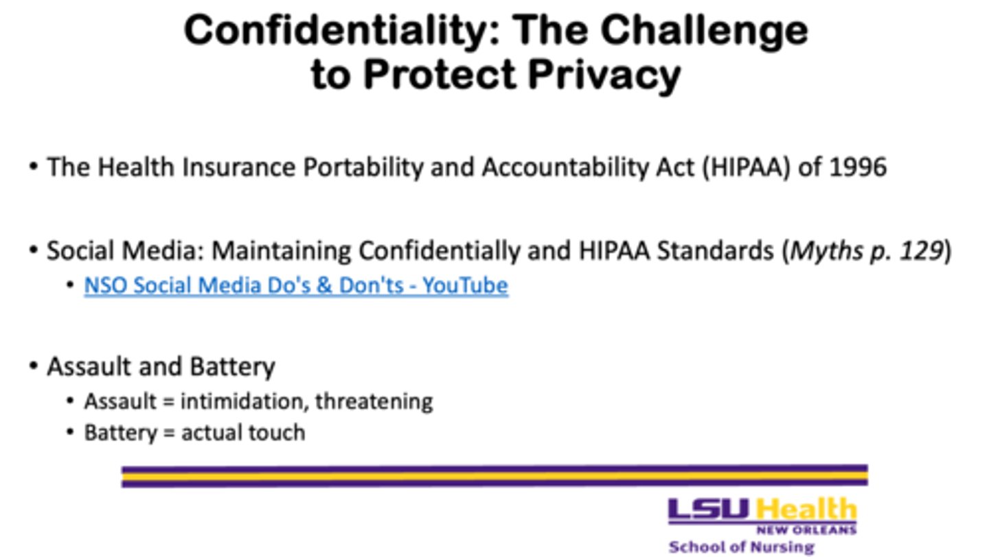 <p>- nurses must protect patients’ health information and privacy</p><p>- violating HIPAA means the nurse has broken federal law and may also have violated state laws.</p>