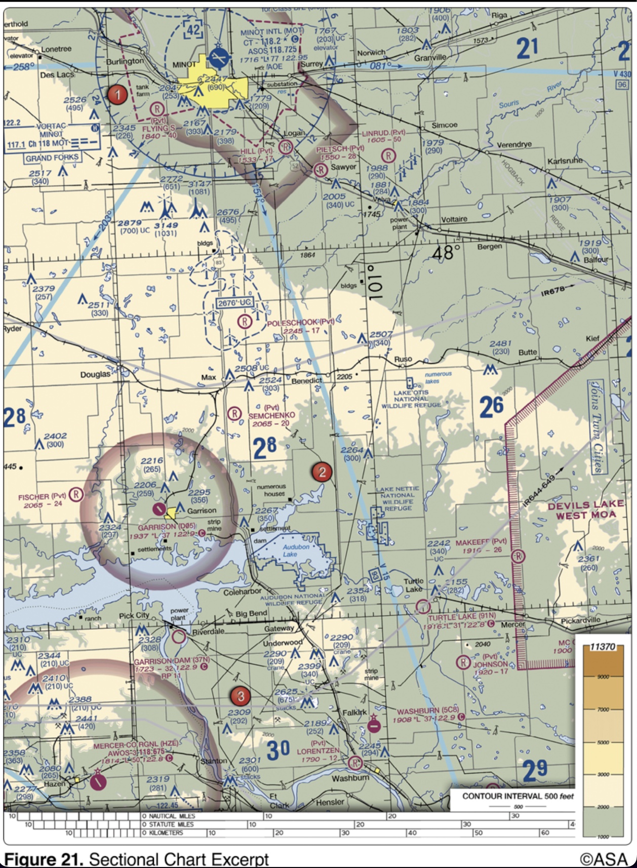 <p>(Refer to Figure 21, area 2.) The CTAF/MULTICOM frequency for Garrison Airport is</p>