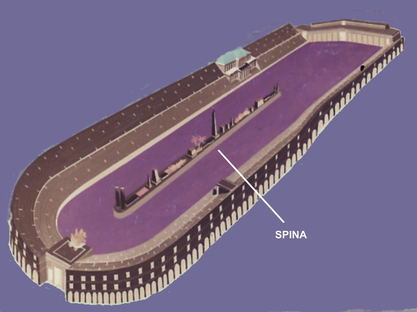 <p>Wall or barrier along the middle of a Roman circus around the ends of which the contestants turned. It was decorated with obelisks and other monuments.</p>