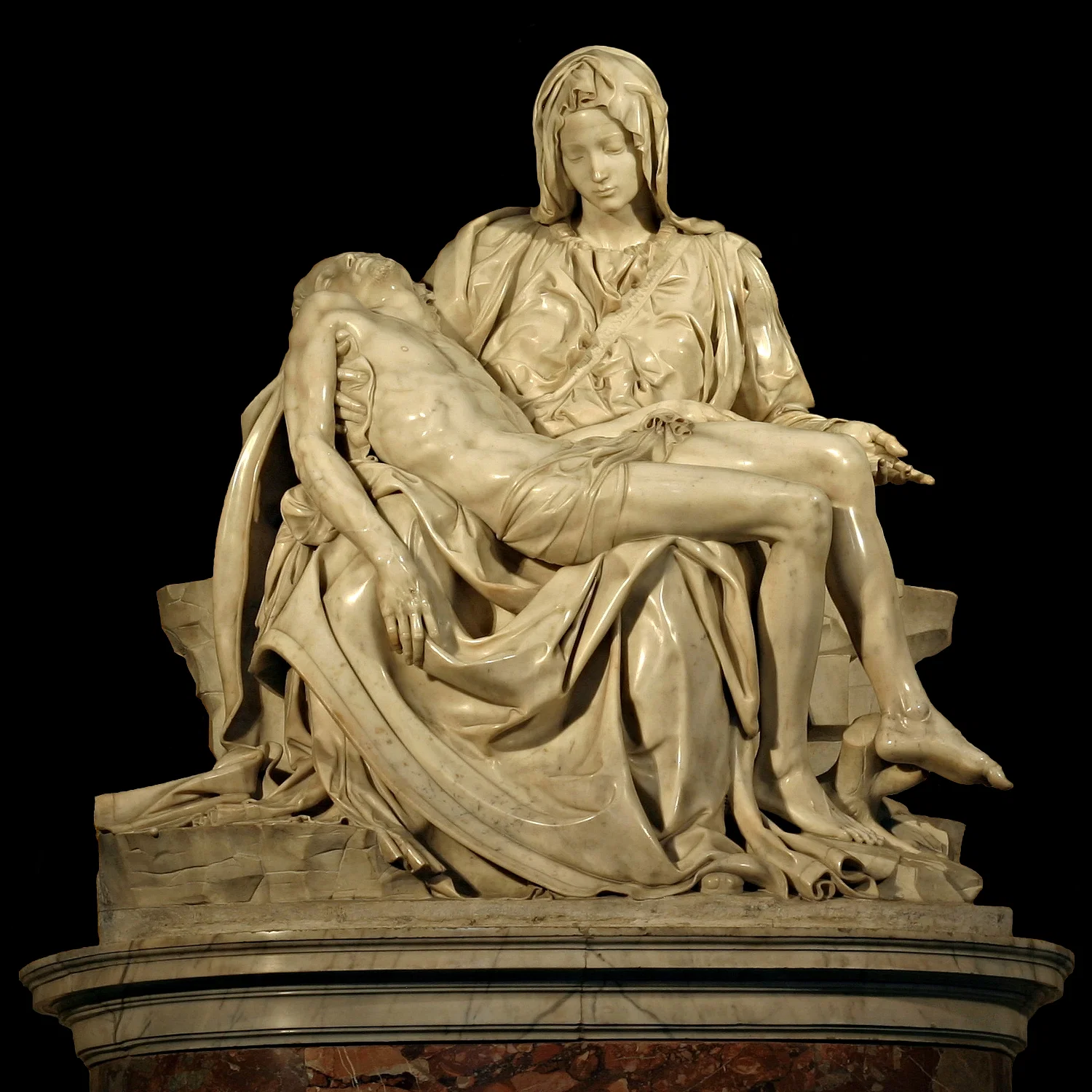 <p>Michelangelo,&nbsp;Pietà,&nbsp;marble, 1498-1500 (Saint Peter’s Basilica, Rome)<br><br>What are the piece’s form, function, content, and context?</p>
