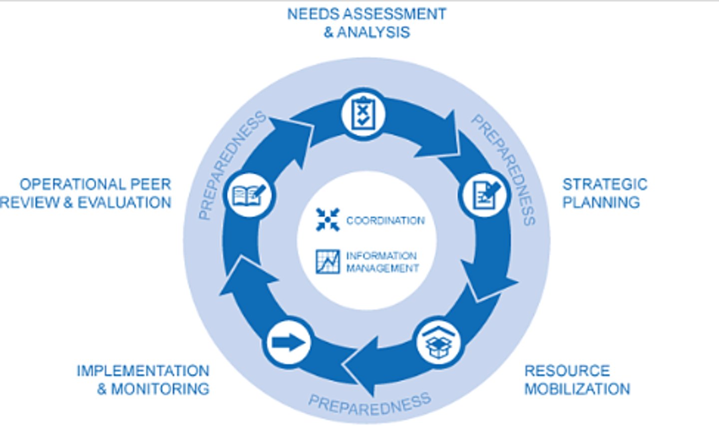 <p>1. Needs assessment and analysis</p><p>2. Strategic planning</p><p>3. Resource mobilization</p><p>4. Implementation and monitoring</p><p>5. Operational peer review and evaluation</p>