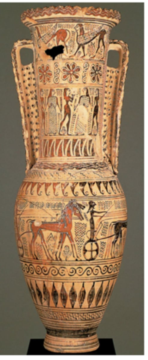 <p>Painted ceramic vessel from the Late Geometric period (ca. 700 BCE) that is a transitional piece featuring both geometric and figural scenes, marking an early Attic move toward narrative.</p>