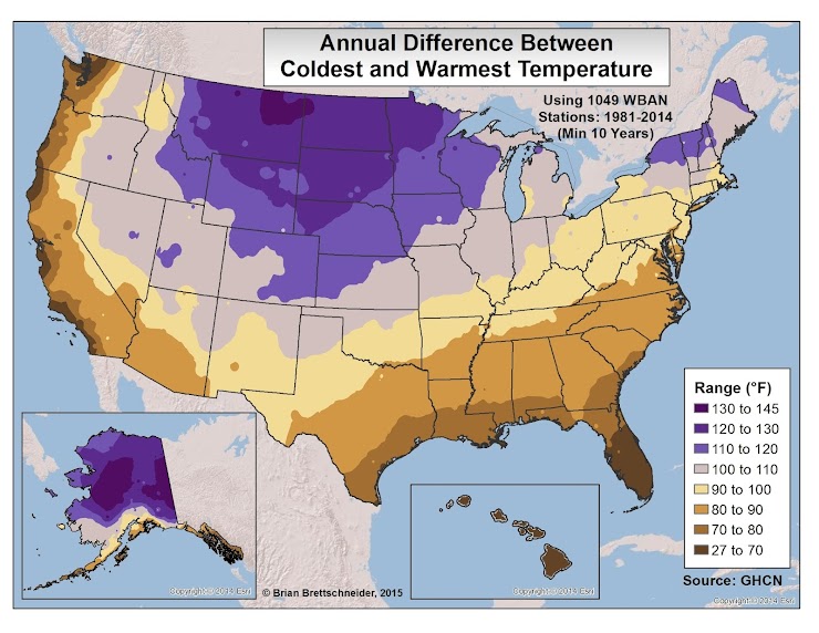 Why do areas in the middle of a large continent generally have more extreme differences in temperature than areas near ocean coasts?