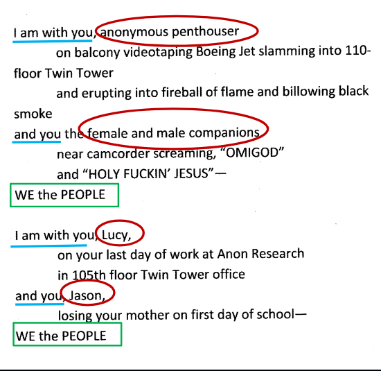 <p> references Walt Whitman’s “Crossing Brooklyn Ferry” (1856); Whitman as poet of American democracy and unity</p><p>➢ unity between speaker and New Yorkers – “I am with you”</p><p>• references to Ginsberg's poem “Howl” and Kerouac’s novel On the Road</p><p>➢ unity extended to include the rest of America – “and you…”</p><p>“WE the PEOPLE” – reference to the Declaration of Independence here points t</p><p>• Promise of being with victims, helpers, relatives</p><p>• Direct address by name → intimate relationshipo connection through the experience of 9/11</p>