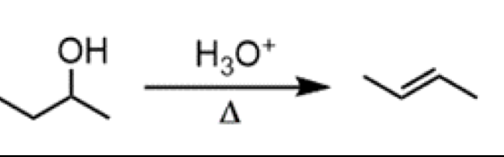 <ul><li><p>reagents: H<sub>3</sub>O<sup>+ </sup>(above), delta (below)</p></li><li><p>conversion of a 2<sup>o</sup> alcohol to a trans alkene </p></li></ul><p></p>