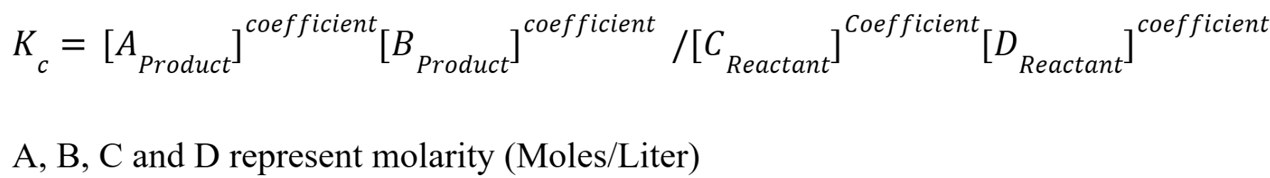 <p>Products to there coefficients, divided by the reactants to their coefficients. Products over reactants. Equilibrium constants are unitless. Omit pure liquids and solids in equilibrium constant expressions. Lots of the time, the equilibrium constants are very large or very small.</p>