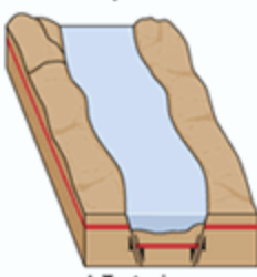 <p>created when a major crack or a large land sink in the Earth, often caused by earthquakes, produced a basin below sea level that filled with water</p>