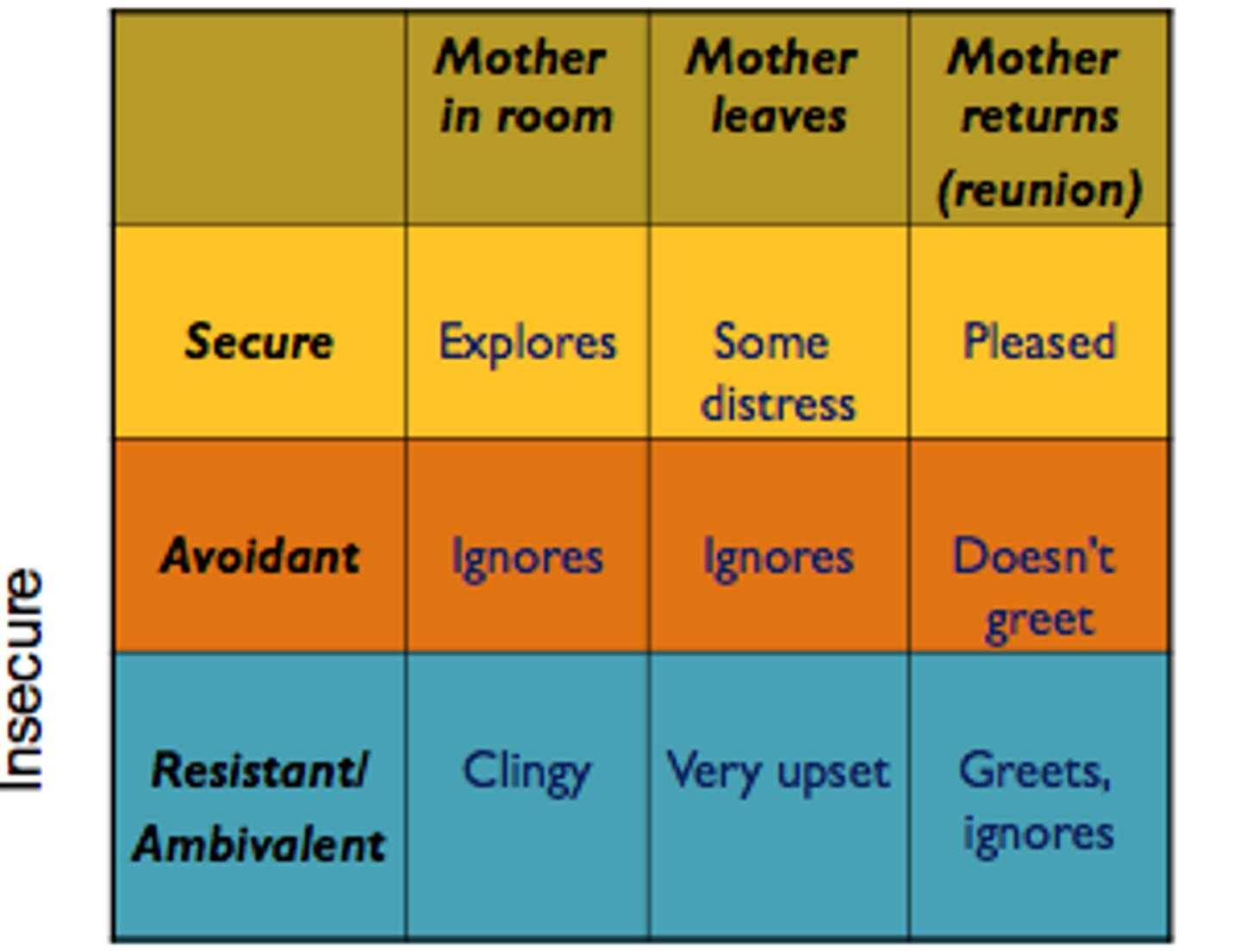 <p>demonstrated by babies who seem constantly afraid of potential separation from the caregiver; they cling to caregivers in strange settings and display intense distress upon separation</p>