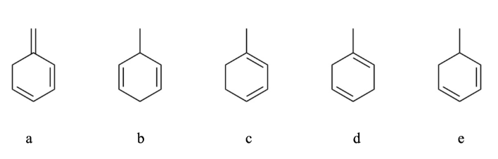 <p><span><span>Choose the correct order for ranking the molecules below in terms of stability; e.g., most stable > lease stable</span></span></p>