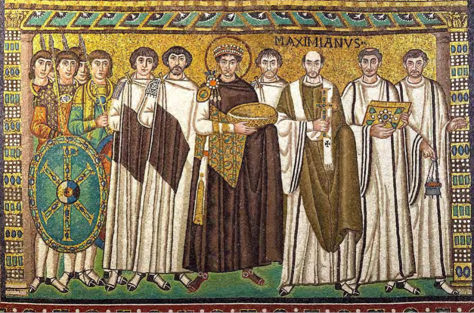 <p><span style="color: rgb(255, 255, 255);"><span>Justinian, Bishop Maximianus, and Attendants, from apse of San Vitale,<br>Byzantine Empire, Ravenna, Italy, mosaic, ca. 547</span></span></p>