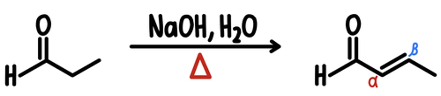<p>aldol condensation = aldol addition + elimination</p><p>Starting Material: Aldehyde/Ketone</p><p>Aldol Condensation → ⍺,ꞵ-Unsaturated Aldehyde/Ketone</p><p>Reagents: NaOH, H2O, heat</p><p>*driving force → increased conjugation</p>