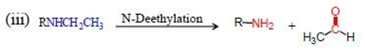 <p>remove ethyl group from secondary nitrogen to make amide and ethanal(aldehyde)</p>