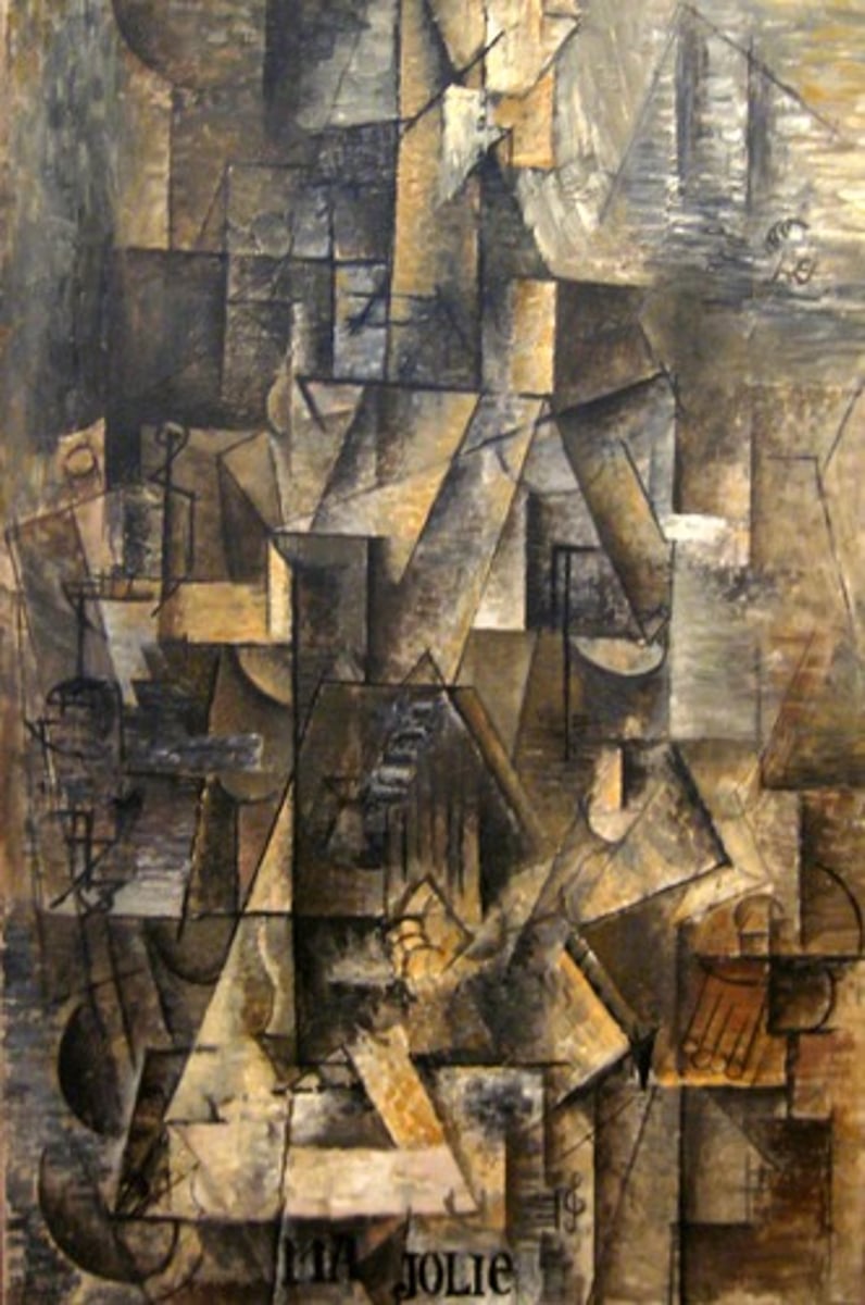 <p>• Use of shape to suggest reality.</p><p>• Movement toward abstraction.</p><p>* the Cubist style focused on the flat, two-dimensional surface of the picture plane, and rejected the traditional conventions and techniques of linear perspective, chiaroscuro (use of shading to show light and shadow) and the traditional idea of imitating nature. Instead of creating natural-looking 3-D objects, Cubist painters offered a brand new set of images reassembled from 2-D fragments which showed the objects from several sides simultaneously.</p><p>• Picasso, Braque.</p>