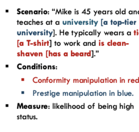 <ul><li><p>found less smartly dressed teacher was given higher likelihood of being high status within high prestige contexts</p></li></ul><p></p>