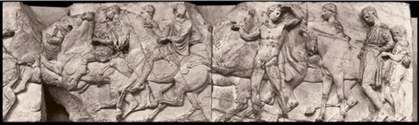 <p>is a long narrow band of sculpture that runs along the architrave of a Greek temple or another building. One of the most famous of theses is the one on the Parthenon in Athens, Greece.</p>