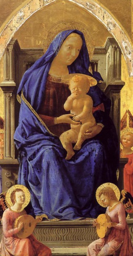 <p>Madonna and child enthroned with angels, tempera and gold on panel, Masaccio, National Gallery, London, England</p>