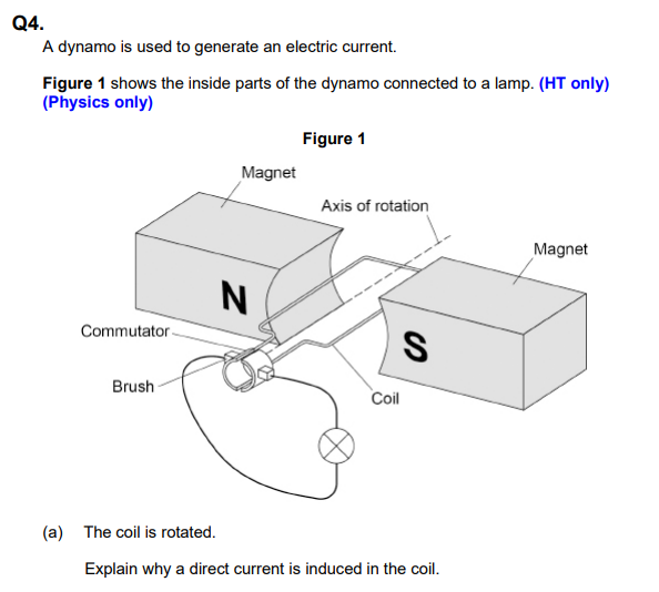 <p>Explain why a direct current is induced in the coil</p>