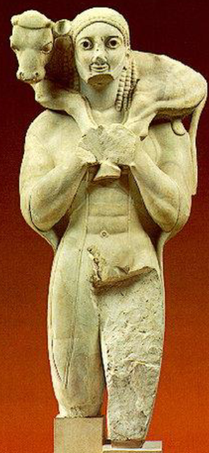 <ul><li><p>Greek Arts</p></li><li><p>Archaic Period</p></li><li><p>The Calf Bearer</p></li><li><p>It is a Greek word which means the ‘calf-bearer’ from 560 BC. </p></li><li><p>It depicts strength and power and has a thick beard, a symbol of adulthood. </p></li><li><p>Notice that he stands with his left foot a little forward, the ‘Greek Stance’, an evidence that classical is about to emerged.</p></li></ul><p></p>