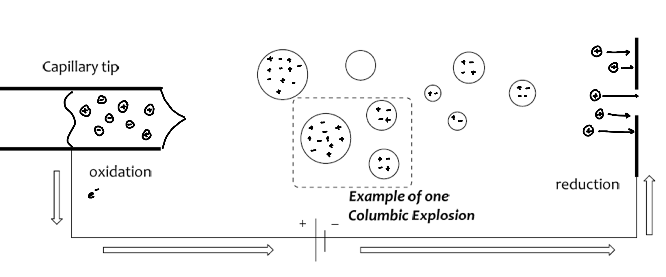 <ul><li><p>for larger biomolecules</p></li><li><p>solvent evaporates out of the droplets, decreasing in size, increasing the positive character</p></li><li><p>as charges get closer, the droplets get smaller</p></li><li><p>results in Coulombic explosions</p></li><li><p>softer ionization technique (less harsh conditions)</p></li><li><p>more reliable ionization (per molecular ion)</p></li></ul><p></p>