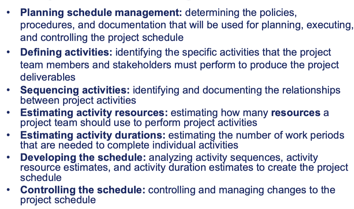 <p>Planning &gt; Defining&gt; Sequencing &gt; Estimating activity resources &gt; Estimating activity durations &gt; Developing &gt; Controlling </p>