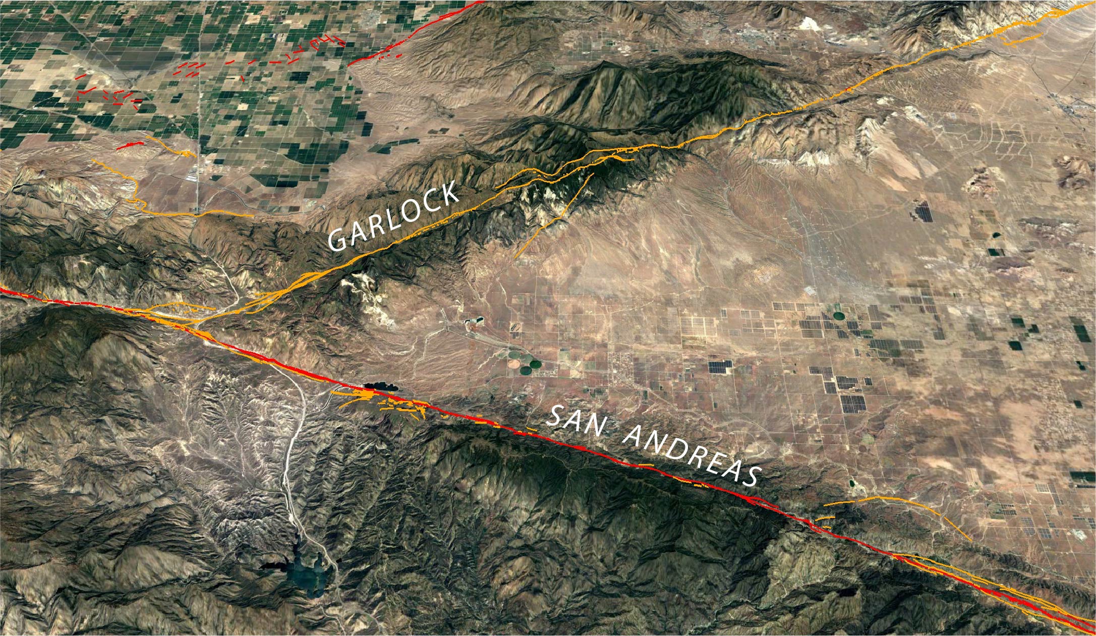 <p>left-lateral (top moves west, bottom moves east), strike-slip (horizontal) fault running northeast-southwest along the northern margins of the Mojave, along the southern base of the Tehachapi Mountains </p>