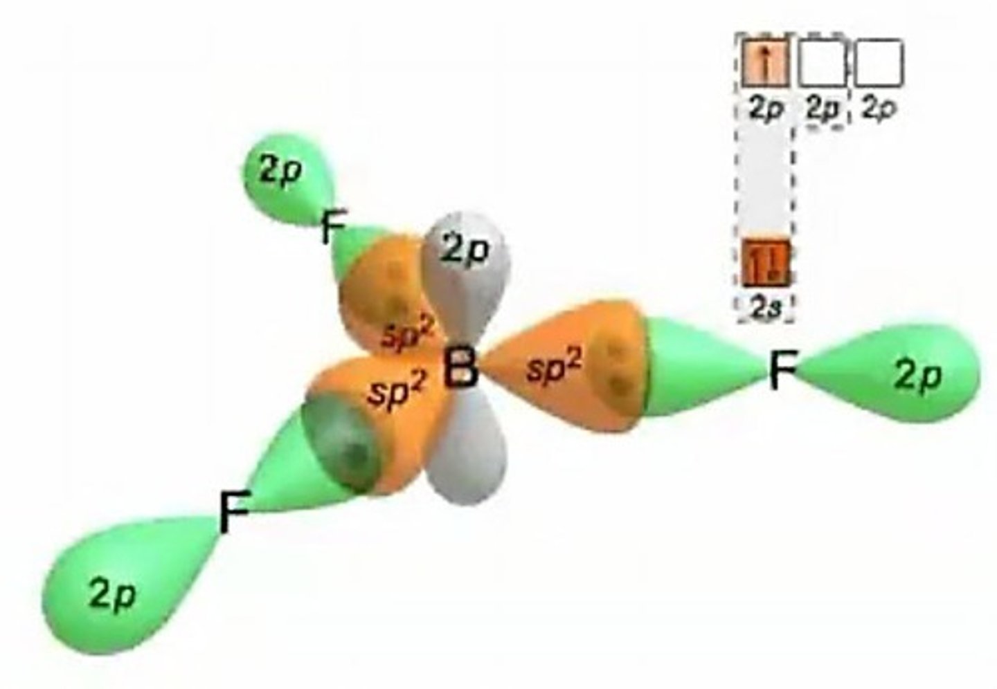 <p>One s and two p orbitals combine; example: BF3.</p>