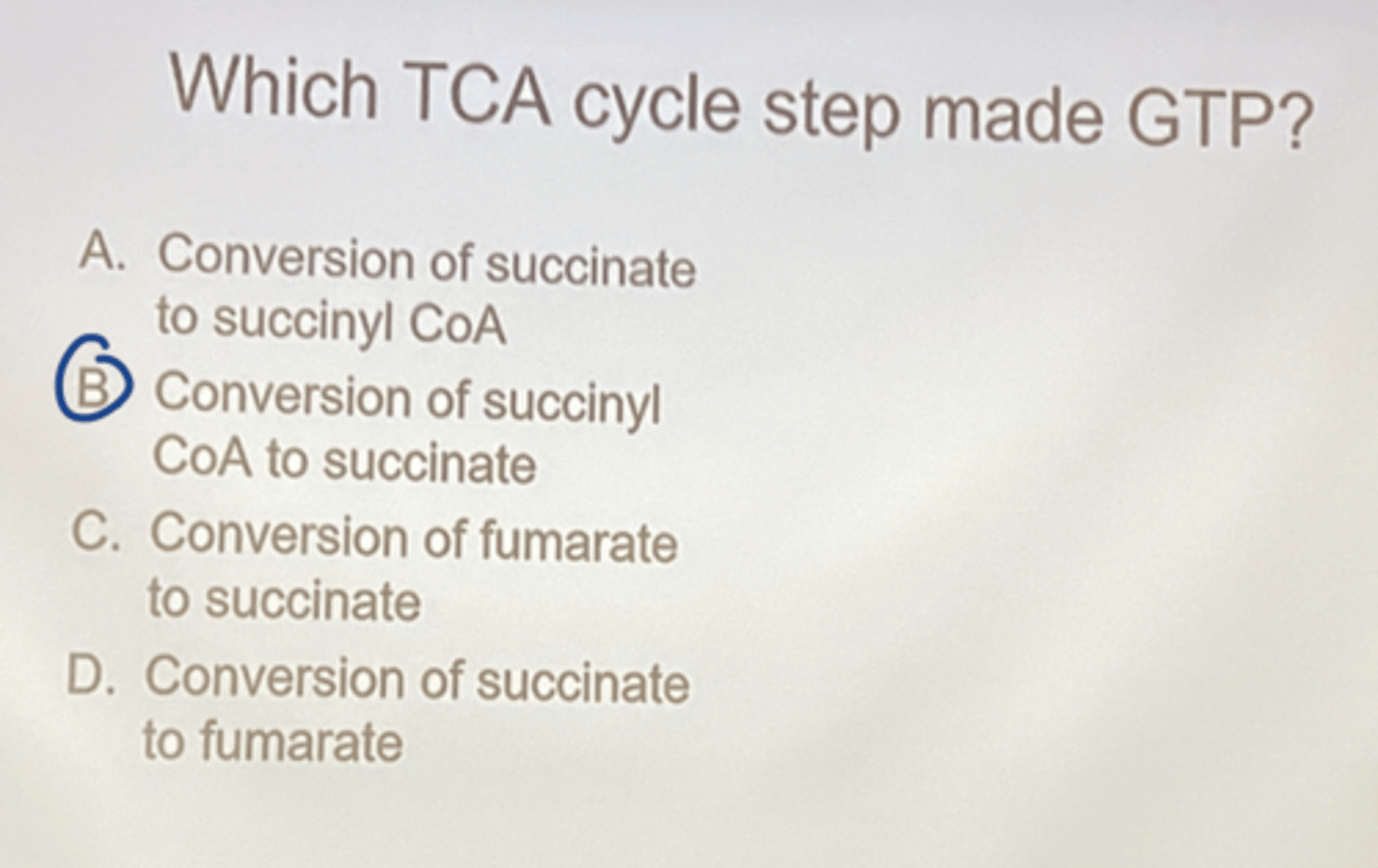 <p>conversion of succinyl CoA to succinate</p>