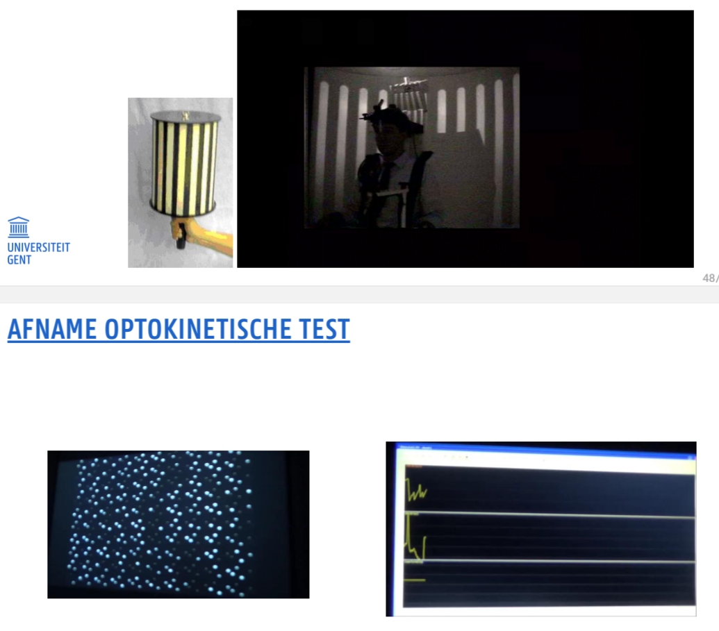 <p>̶ In het algemeen is er geen instructie omdat de stimulus voldoende sterk is zodat de patiënt adequaat volgt<br>̶ Eventueel wordt gezegd om niet te staren! → dat is fixatie!</p>