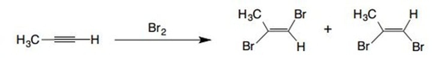 <p>adds two Br groups to triple bond, forms double bond, one cis one trans</p>