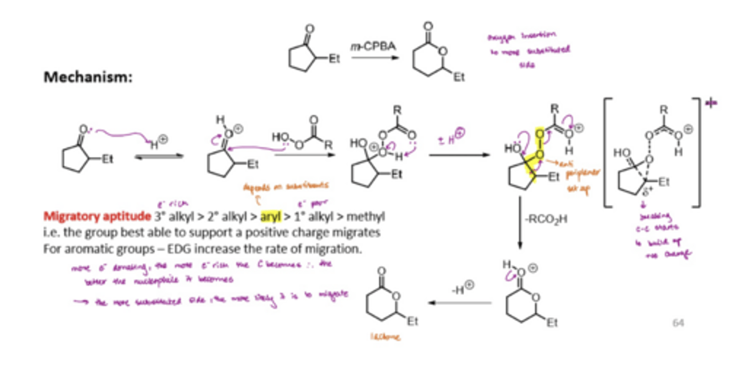 <p>uses a peroxide to convert a ketone to an ester (cyclic ketones are converted into lactones)</p><p>protonate the carboxyl group</p><p>react with a carboxylic acid</p><p>do some proton shuffling to set up an antiperiplanar relationship between the bond and LG</p><p>this migration step with the antiperiplanar relationship retains the stereochemistry</p>