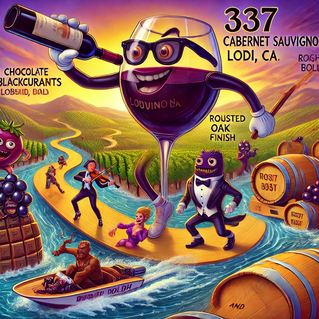 It features a wild chocolate river with chocolate bars racing in speedboats, giant blackcurrants in tuxedos playing violins, and a towering wine glass with a cape holding a "Rich and Bold" banner. Toasted oak trees are breakdancing, and a golden road labeled "Robust Finish" spirals into a surreal sunset.